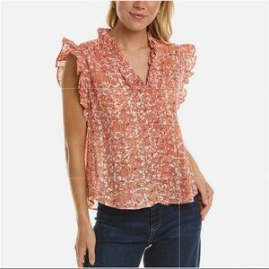 ELAN Ruffle Trim Top, Salmon Santa Fe, Ruffle trim, Feminine, Coastal sz XS